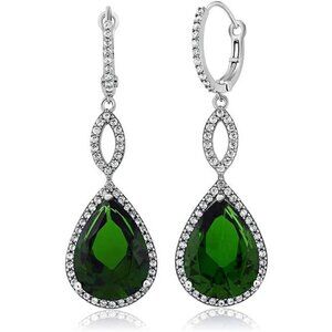 20.0 Ct Tw Sterling Silver 925 Emerald Bridal Chandelier Teardrop Earrings
